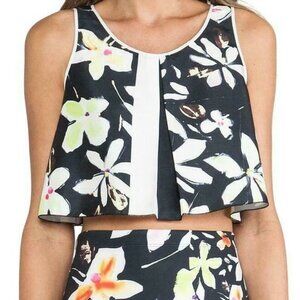 Clover Canyon Pleated Floral Crop Top Sleeveless Black White Small